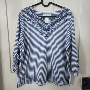 Alfred Dunner Womens Petite Medium Blue White Purple Stripe Cotton Blend Top (B)